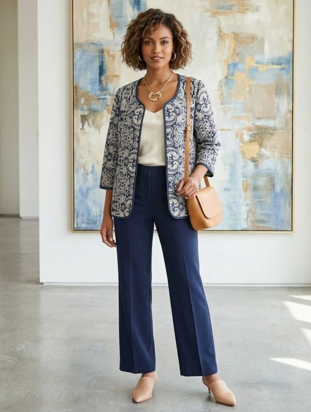 Women's ColdWater Creek Navy Blue Damask Tapestry Open Front Jacket Size 12